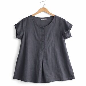 FLAX Linen Top Lagenlook Oversized Gray Short Sleeve Blouse Large